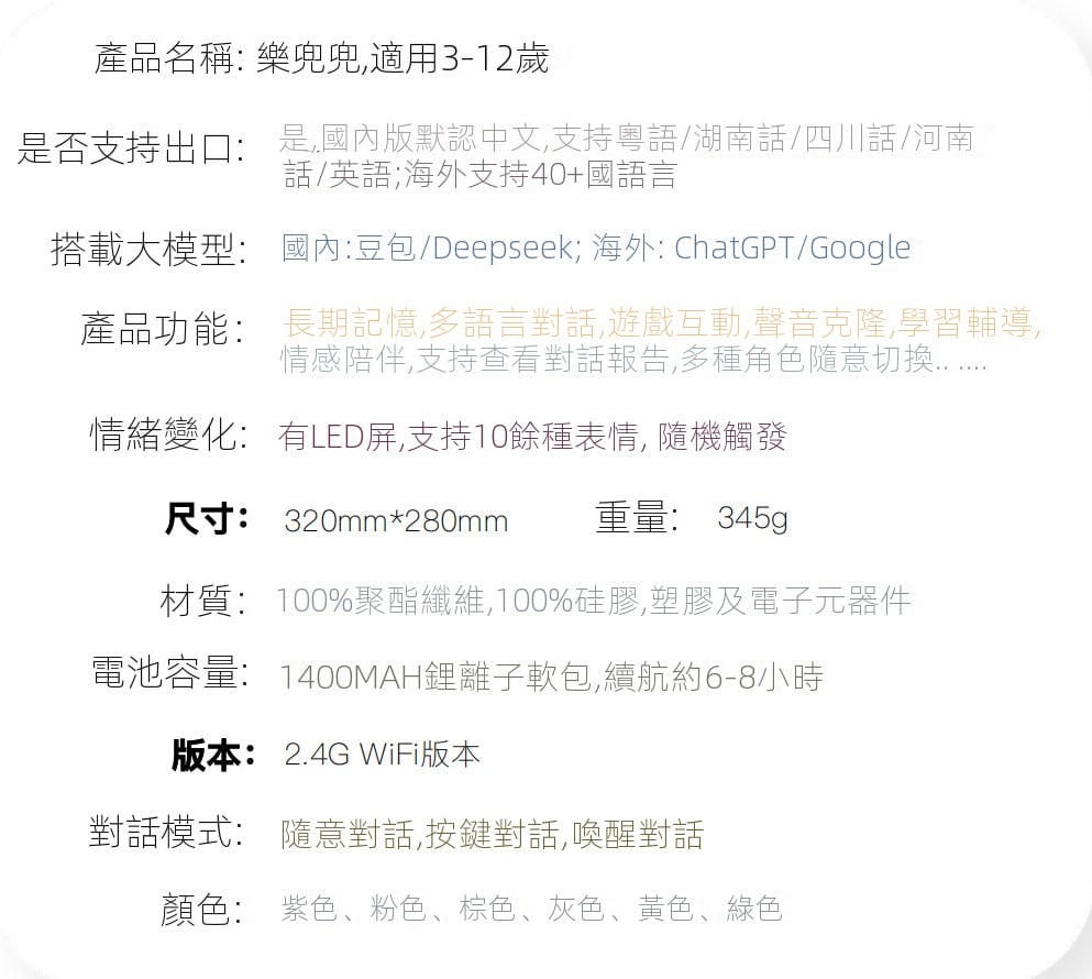 ai毛絨玩具益智智能語音對話陪伴玩偶哄睡布娃娃啟蒙公仔生日禮物