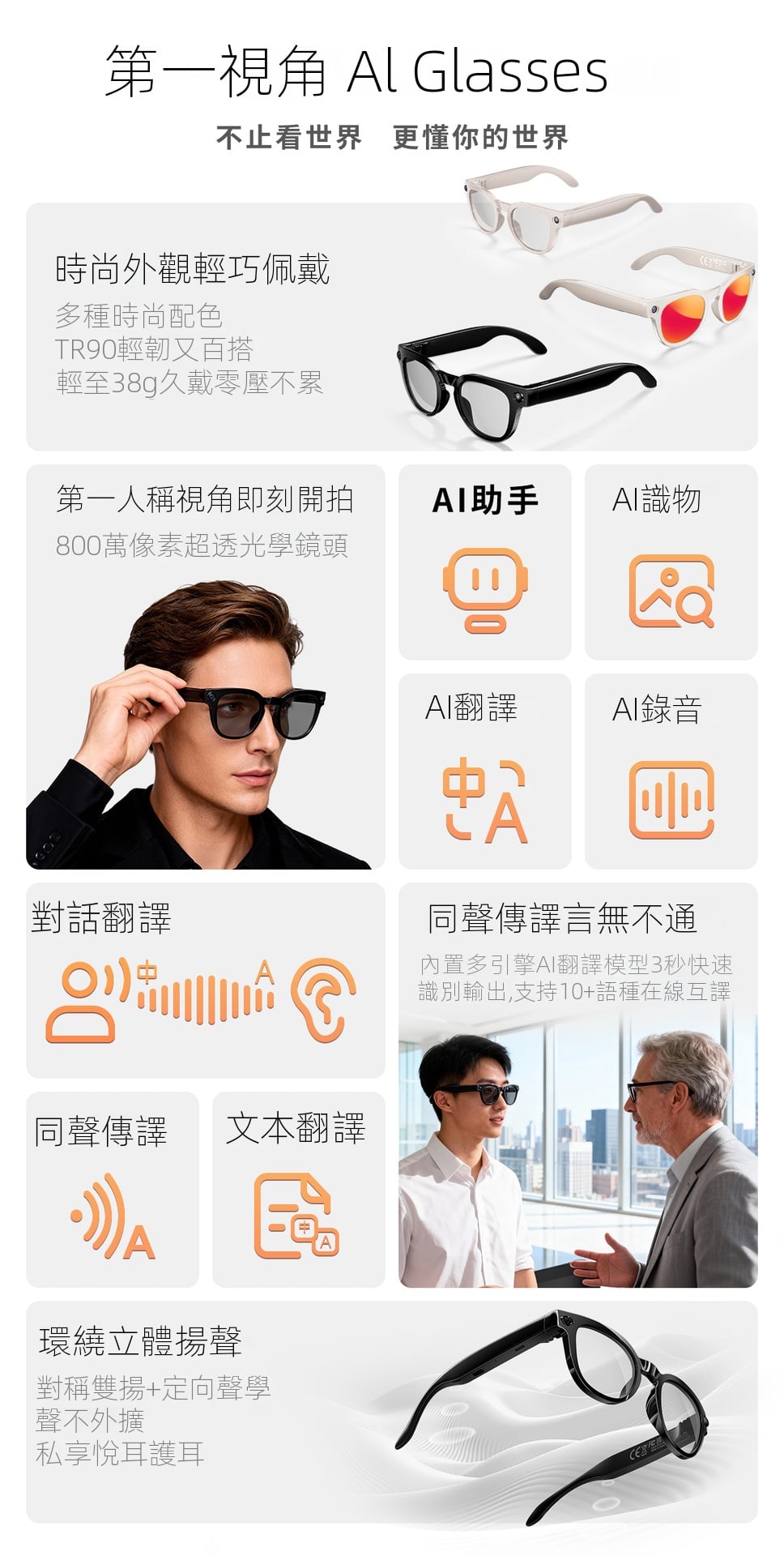 ai glasses 第一視角智能眼鏡 800 萬畫素錄影即時翻譯 輕量 38g 定向揚聲 商務出國日常通用